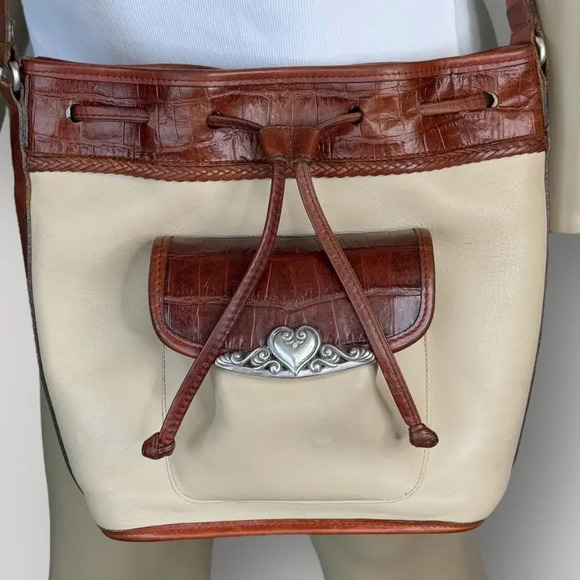 Brighton Vintage Leather Cross Body Shoulder Bucket Bag Cream Brown Drawstring - Picture 2 of 16